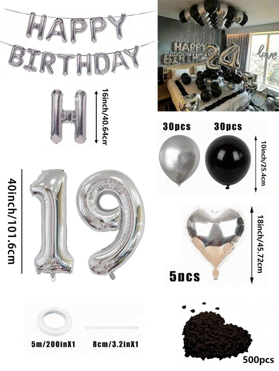 Set di 580 palloncini per ghirlanda da compleanno, colori nero e argento, palloncini in foil numeri oversize da 40", petali di rosa neri, adatto per feste di compleanno di uomini e donne