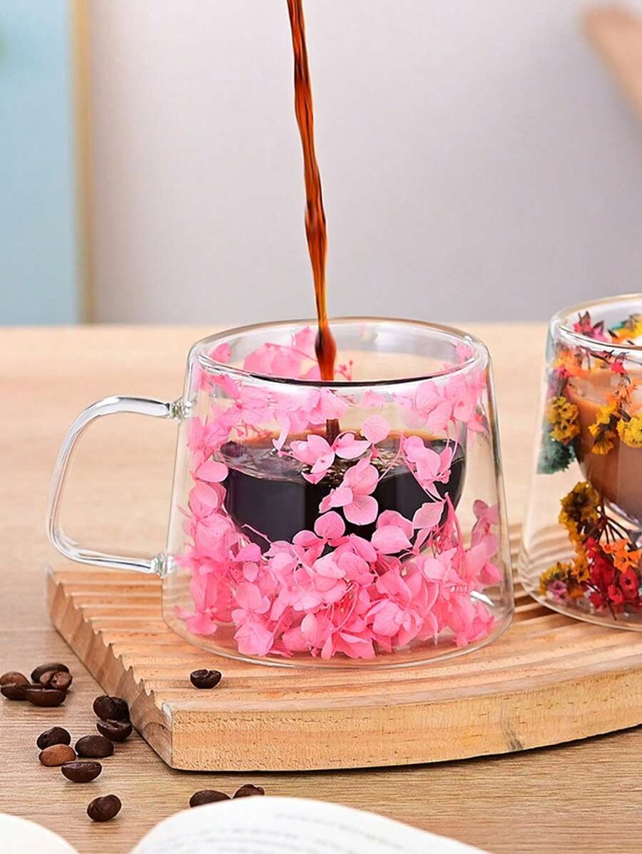 Tazza in vetro a doppia parete, decorazione a petali, tazza d'acqua creativa, tazza da caffè, tazza da tè, tazza da latte, tazza da succo, isolata, fresca, estetica, design unico