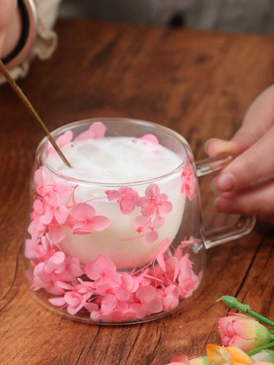 Tazza in vetro a doppia parete, decorazione a petali, tazza d'acqua creativa, tazza da caffè, tazza da tè, tazza da latte, tazza da succo, isolata, fresca, estetica, design unico