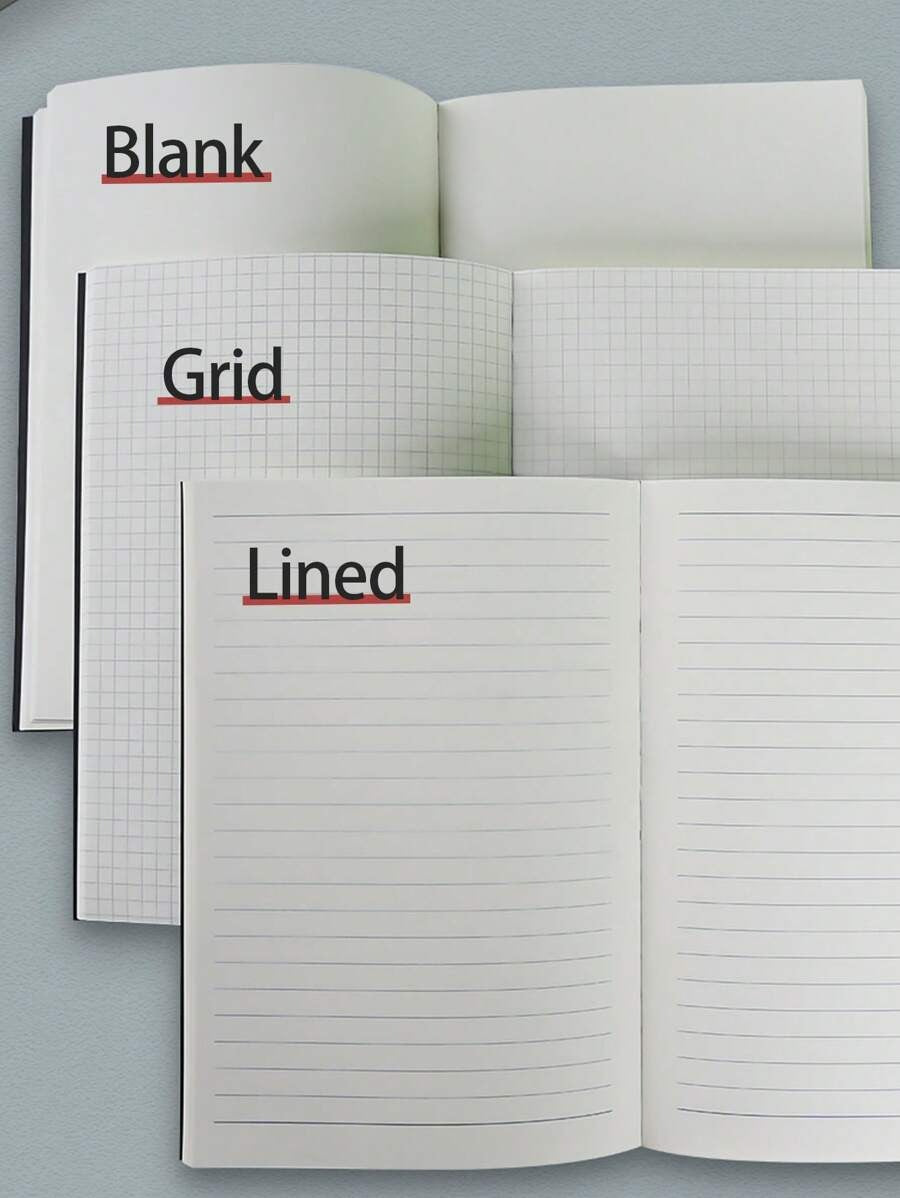 Quaderno con copertina rigida nera, 256 pagine spesse, in formato A5/B5, minimalista, con pagine in bianco a griglia e a righe, diario