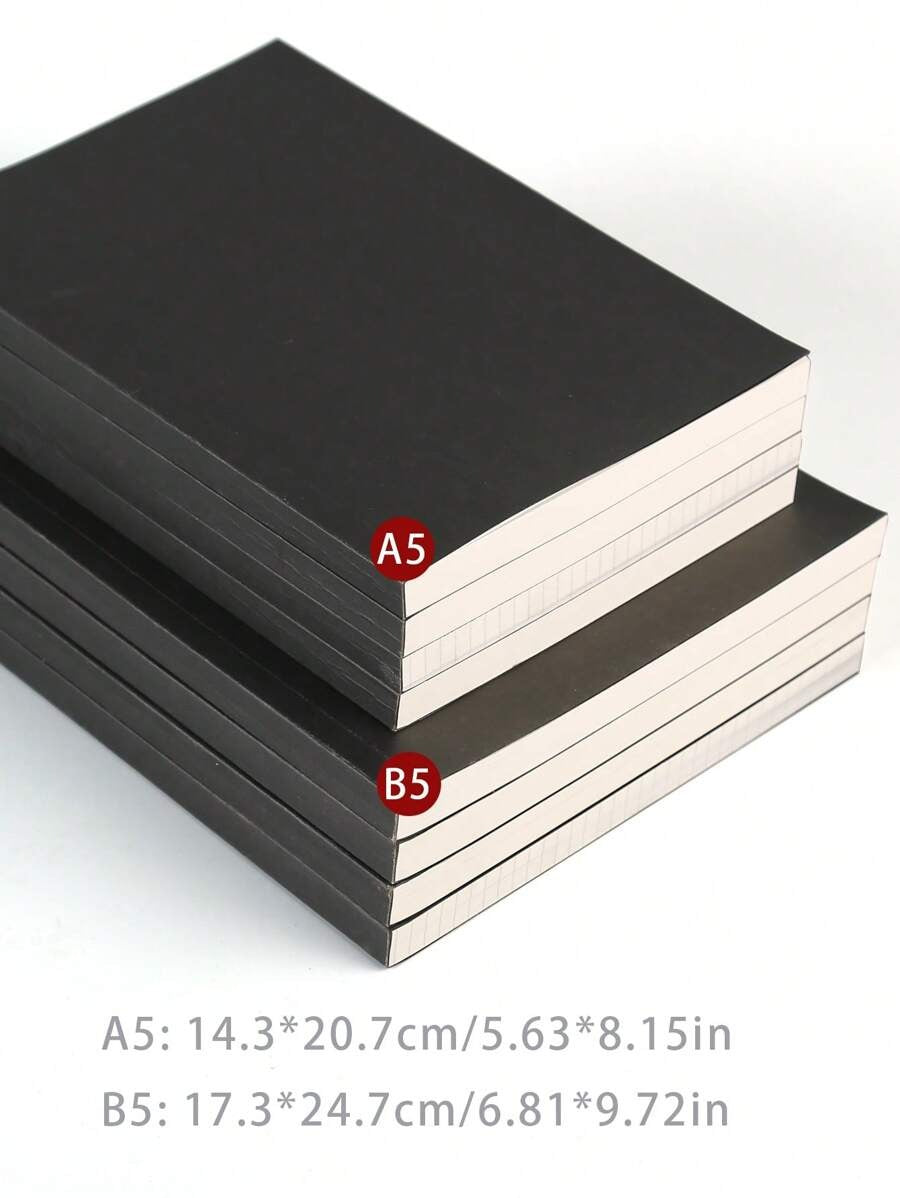 Quaderno con copertina rigida nera, 256 pagine spesse, in formato A5/B5, minimalista, con pagine in bianco a griglia e a righe, diario