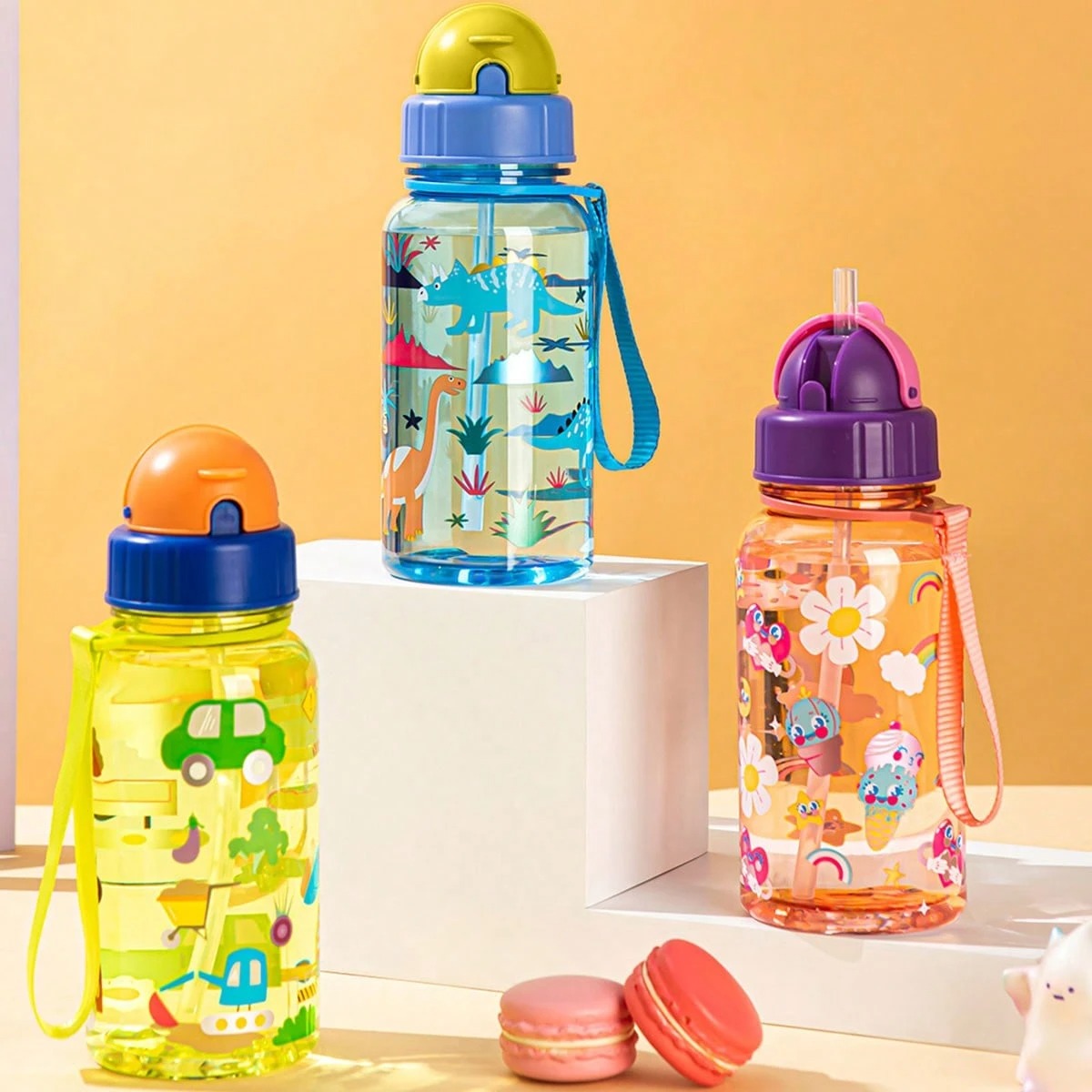 Borraccia da 500ml con stampa di cartoni animati carini, con cannuccia, a prova di perdite, facile da pulire e con manico per il trasporto, adatta per la scuola