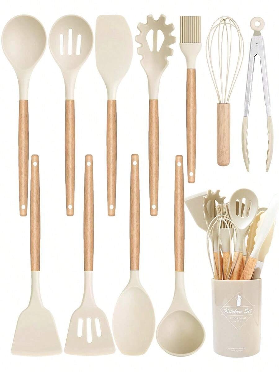 12 pezzi Set di utensili da cucina in silicone, set di utensili da cucina antiaderenti con supporto in legno, lavabili in lavastoviglie, resistenti al calore fino a 230°C