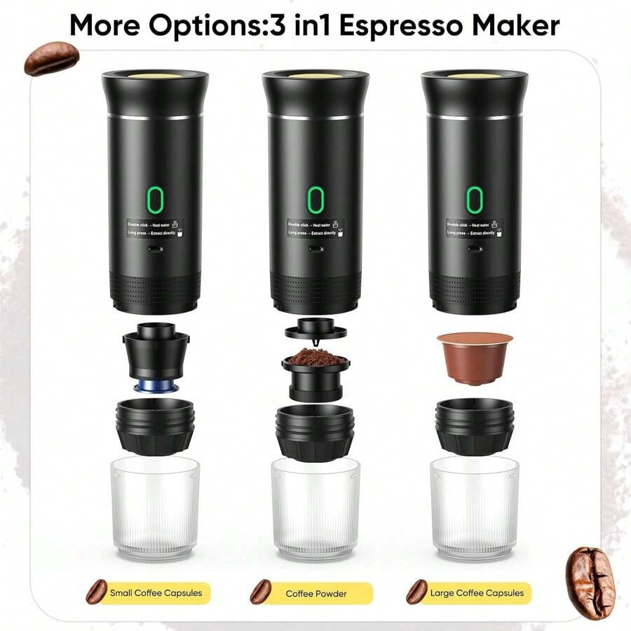 Macchina per caffè espresso elettrica portatile, macchina da caffè da campeggio, macchina da caffè per auto con funzione di auto-riscaldamento, interfaccia USB-C, adatta per macinare caffè e capsule NS, molto adatta per camper