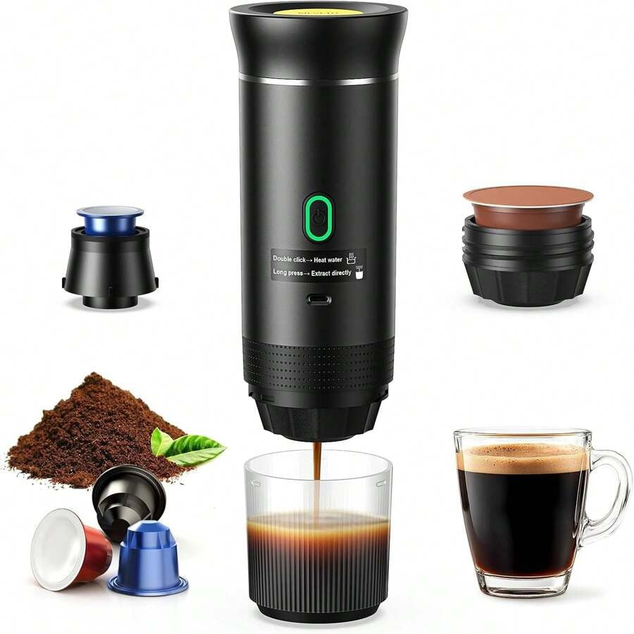 Macchina per caffè espresso elettrica portatile, macchina da caffè da campeggio, macchina da caffè per auto con funzione di auto-riscaldamento, interfaccia USB-C, adatta per macinare caffè e capsule NS, molto adatta per camper