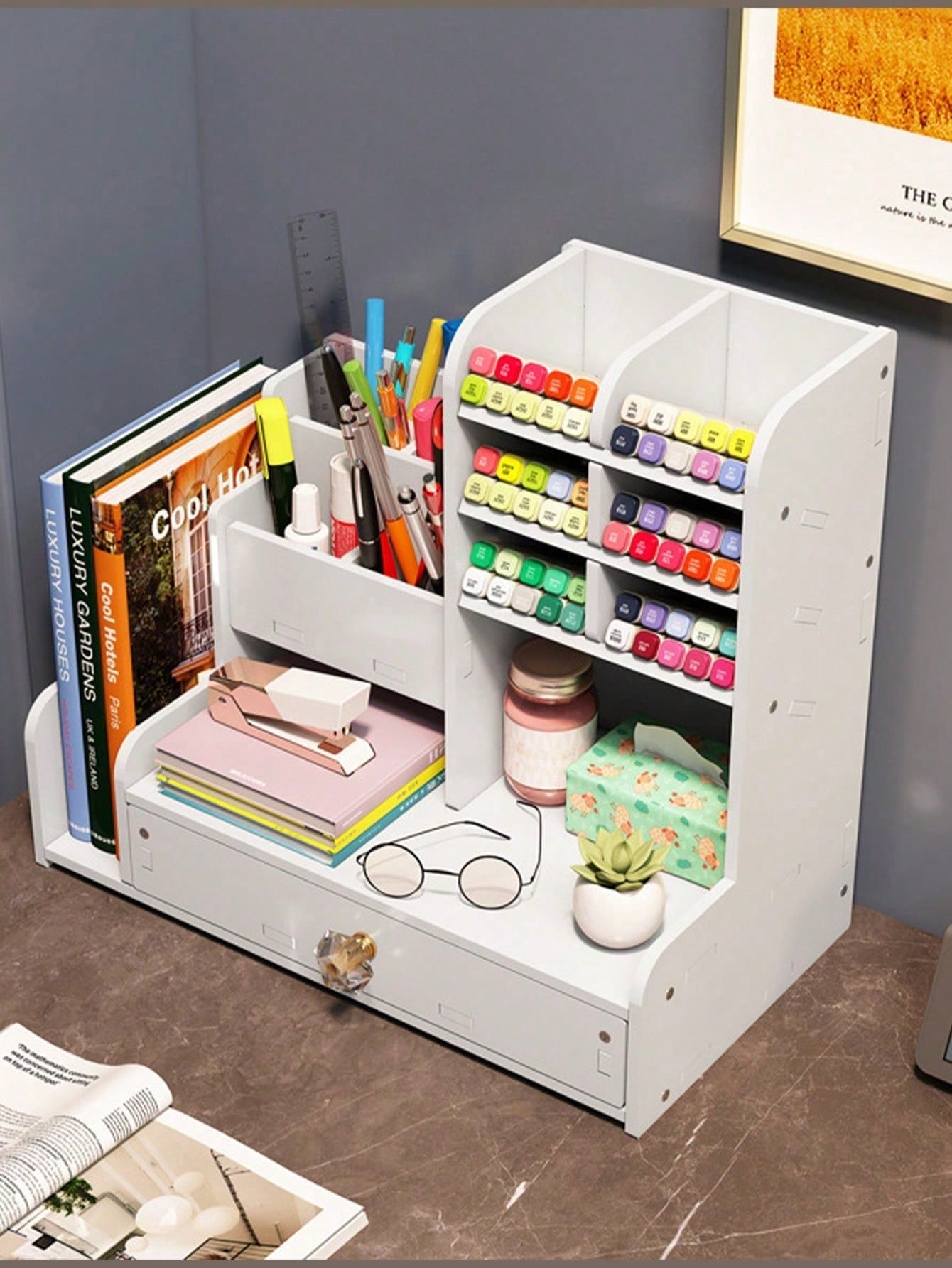 Portaoggetti da scrivania multifunzionale, portapenne fai-da-te, contenitore per articoli di cartoleria, grande capacità, adatto per studenti, design in legno e plastica, adatto per compleanni, lauree, feste dei single