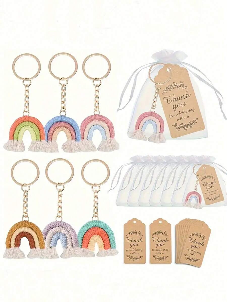 Set regalo di 30 pezzi/15 pezzi di portachiavi intrecciati arcobaleno, inclusi 5 pezzi/10 pezzi di portachiavi fatti a mano, 5 pezzi/10 pezzi di biglietti di ringraziamento e 5 pezzi/10 pezzi di sacchetti in organza, portachiavi intrecciati