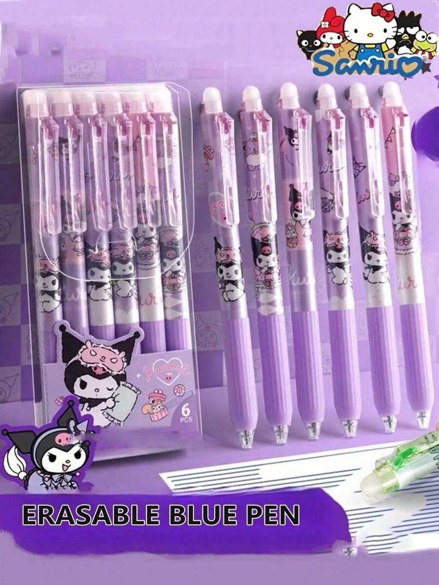 Set di 6 penne gel cancellabili con amici di Hello Kitty, Kuromi e Melody (Kuromi/Melody/Cinnamoroll/Pochacco) - Penne a sfera retrattili ad inchiostro blu da 0,5 mm