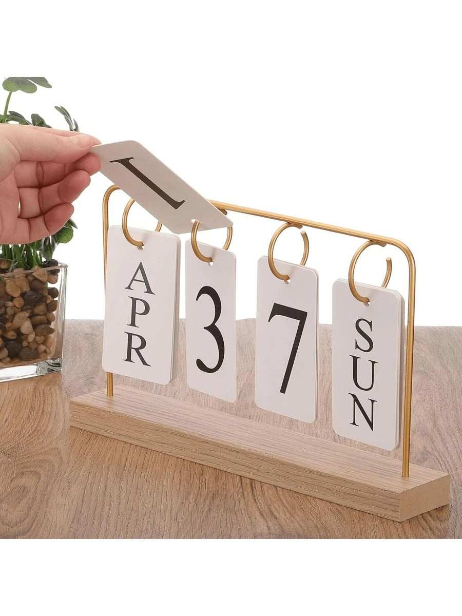 Calendario perpetuo da tavolo in legno - display mese/data in metallo e legno con finitura dorata, decorazione d'ufficio riutilizzabile per insegnanti/studenti - forniture per aula
