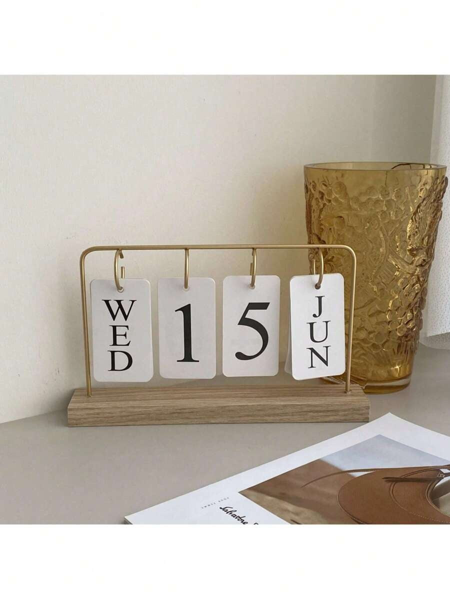 Calendario perpetuo da tavolo in legno - display mese/data in metallo e legno con finitura dorata, decorazione d'ufficio riutilizzabile per insegnanti/studenti - forniture per aula