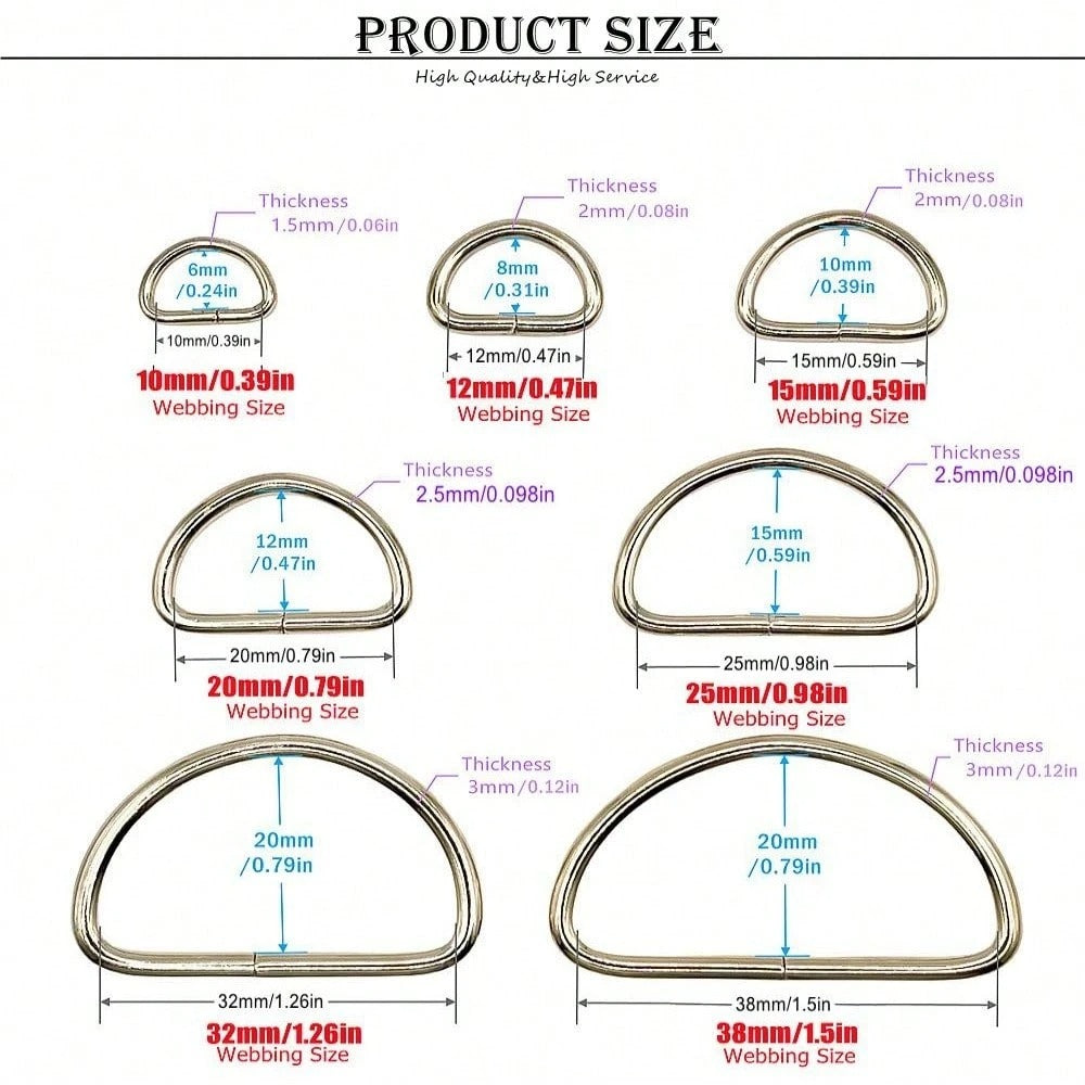 20 pezzi / confezione Anelli a D in metallo accessori per cinghie di borse a mano, cinture, borse, scarpe, cucito fai da te, accessori, dimensioni 10/12/15/20/25/32/38 mm