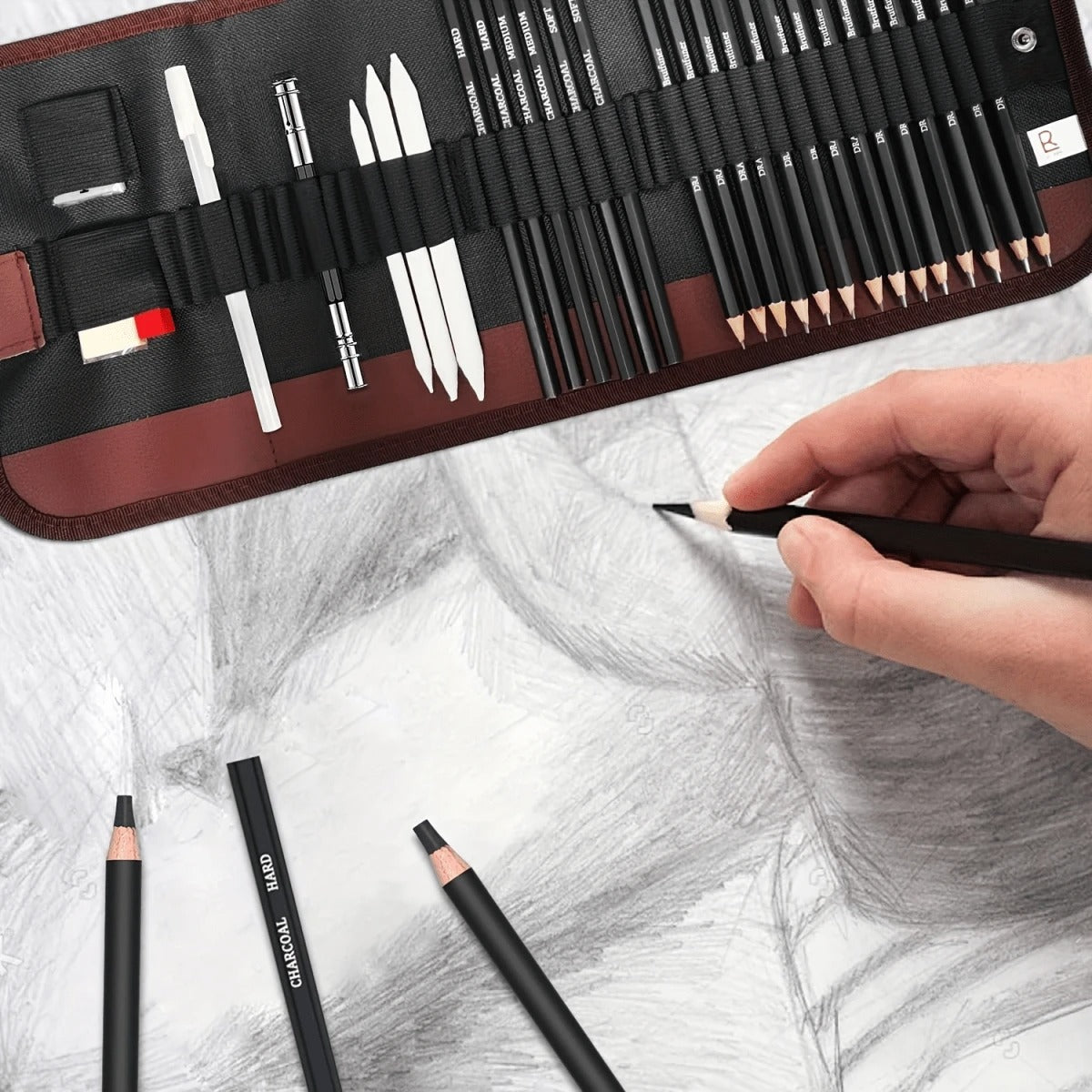 Set di matite per disegno di schizzi, set di forniture d'arte di matite di grafite per schizzi professionali, matite di carbone, stumps di fusione (29 forniture d'arte)