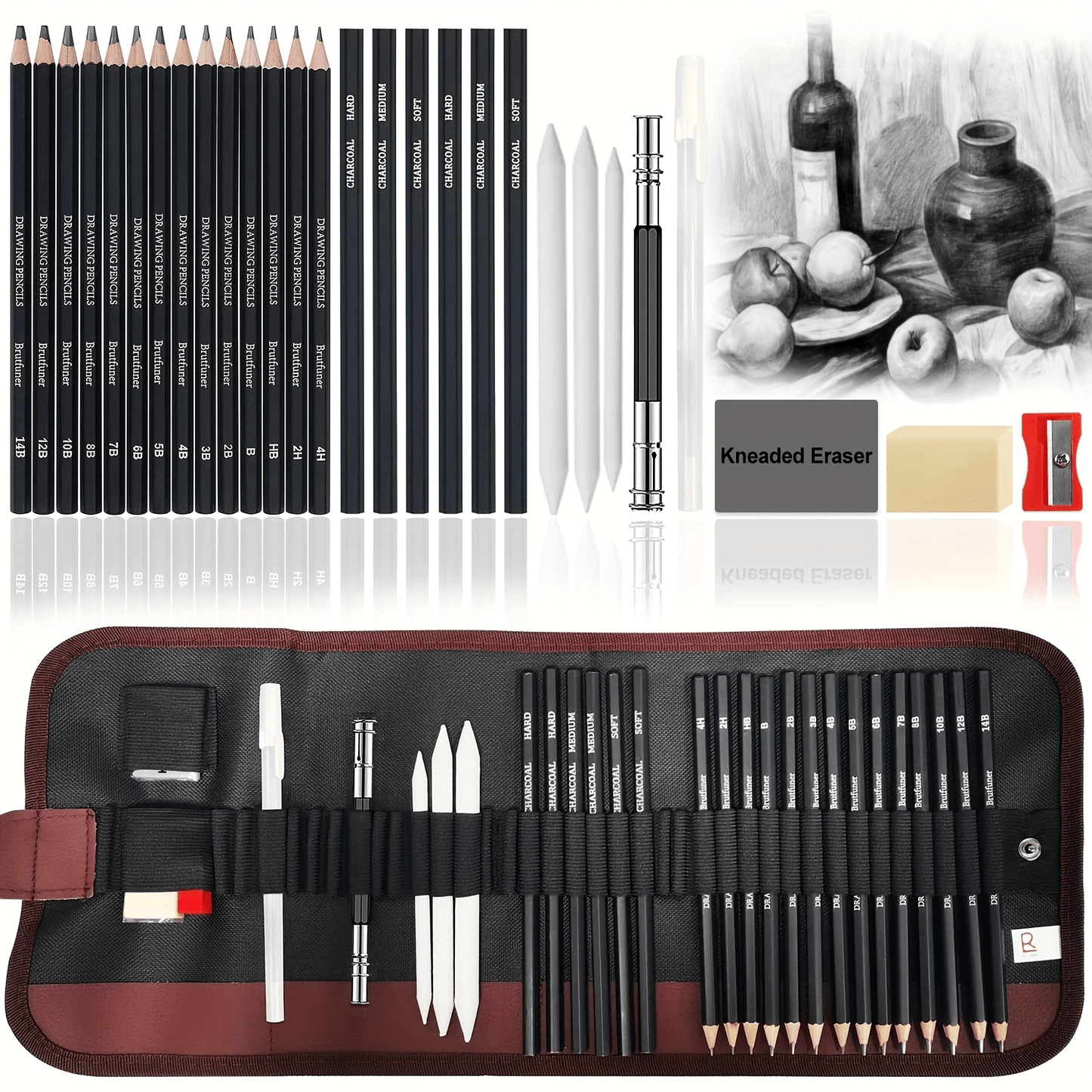 Set di matite per disegno di schizzi, set di forniture d'arte di matite di grafite per schizzi professionali, matite di carbone, stumps di fusione (29 forniture d'arte)