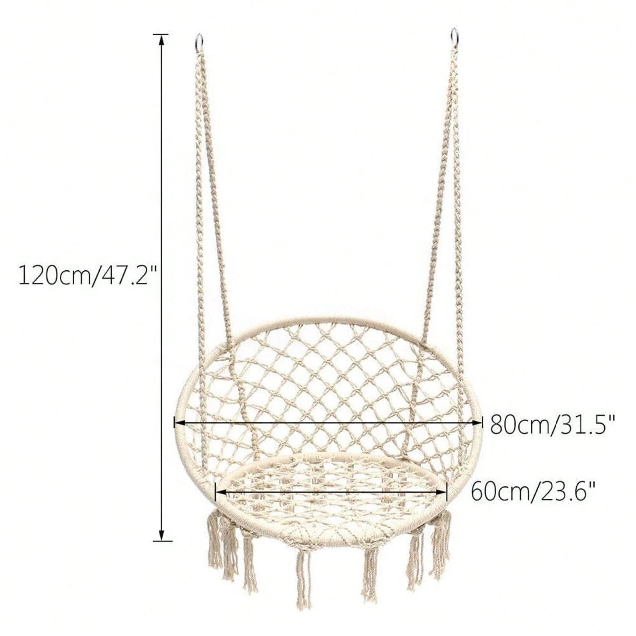Altalena da esterno larga 80 cm, sedia sospesa da cortile, sedia sospesa da balcone, sedia sospesa da esterno, sedia sospesa da esterno, amaca, corda di cotone intrecciata, nappa, cesto sospeso