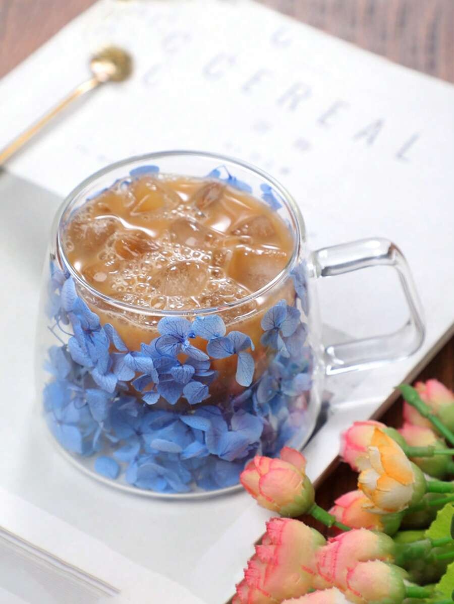 Tazza in vetro a doppia parete, decorazione a petali, tazza d'acqua creativa, tazza da caffè, tazza da tè, tazza da latte, tazza da succo, isolata, fresca, estetica, design unico