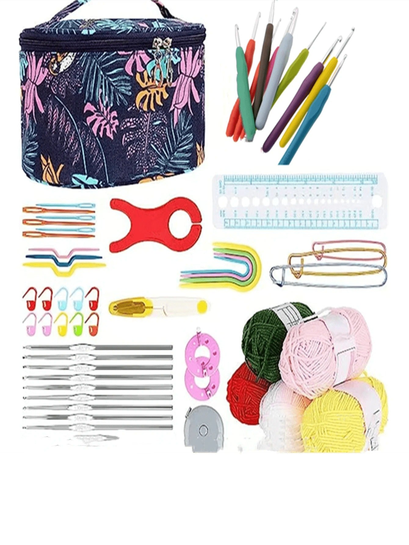 Set all'uncinetto, 108 pezzi Kit di avviamento all'uncinetto fai-da-te con tutti i materiali, set portatile di attrezzi per lavorare a maglia con filati, attrezzi di base per uncinetto fai-da-te con filati, kit per hobby creativi