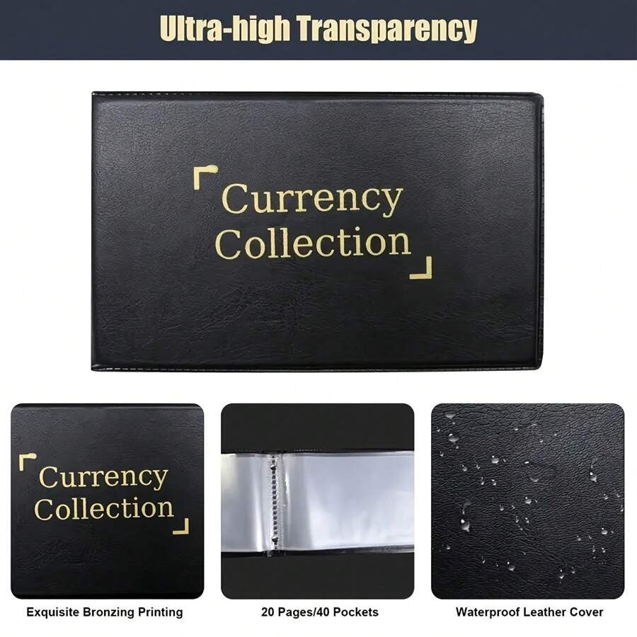 Album per collezione di valute con 40 tasche, un libretto per i depositi di contanti, una cartella per i depositi, un libro di cassa, un registro note e un libro di risparmio, progettato per collezionisti