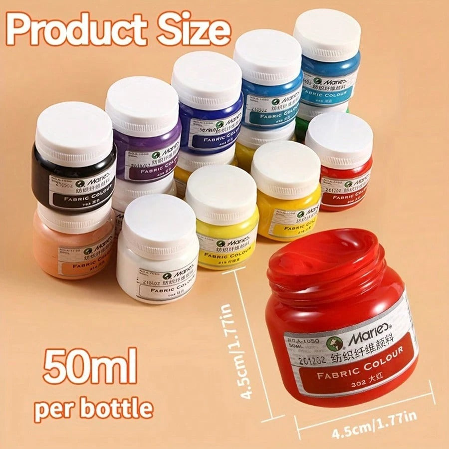 Vernice per tessuti Marie's, 1 bottiglia da 50ml - 12 colori disponibili - Pigmenti tessili permanenti professionali con colori vivaci, per artisti e artigiani, strumenti per dipingere magliette, scarpe, jeans