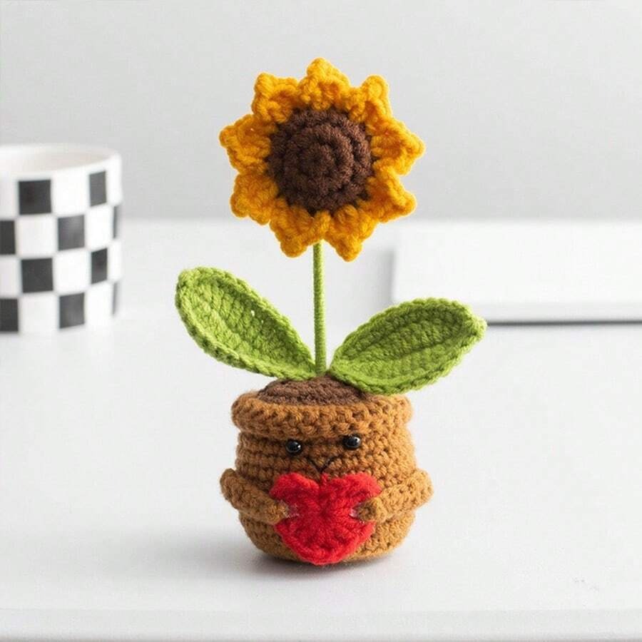 Pianta in vaso ispirante, decorazione floreale lavorata a mano all'uncinetto, pianta in miniatura, nontiscordardime, mughetto, calendula, girasole, biglietto di incoraggiamento caldo fatto a mano