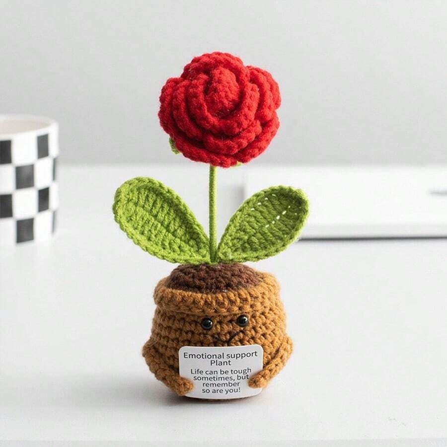 Pianta in vaso ispirante, decorazione floreale lavorata a mano all'uncinetto, pianta in miniatura, nontiscordardime, mughetto, calendula, girasole, biglietto di incoraggiamento caldo fatto a mano