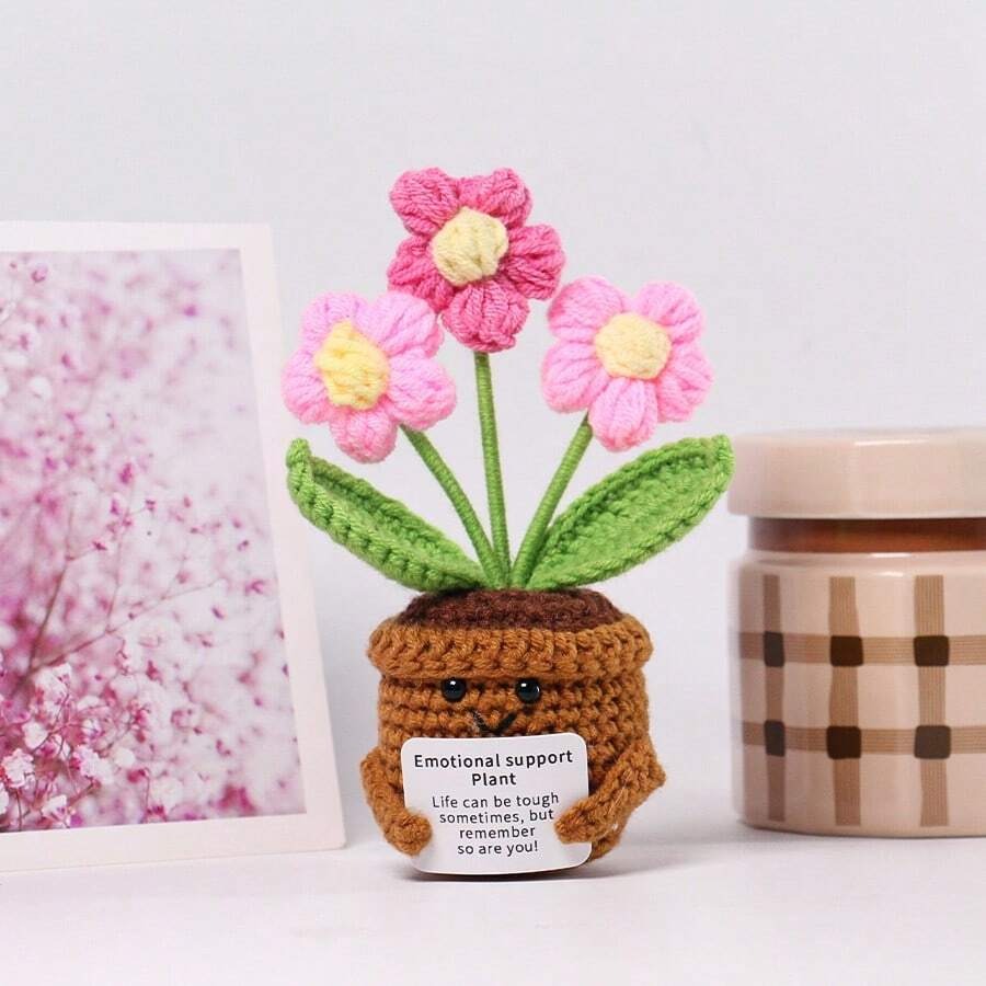Pianta in vaso ispirante, decorazione floreale lavorata a mano all'uncinetto, pianta in miniatura, nontiscordardime, mughetto, calendula, girasole, biglietto di incoraggiamento caldo fatto a mano