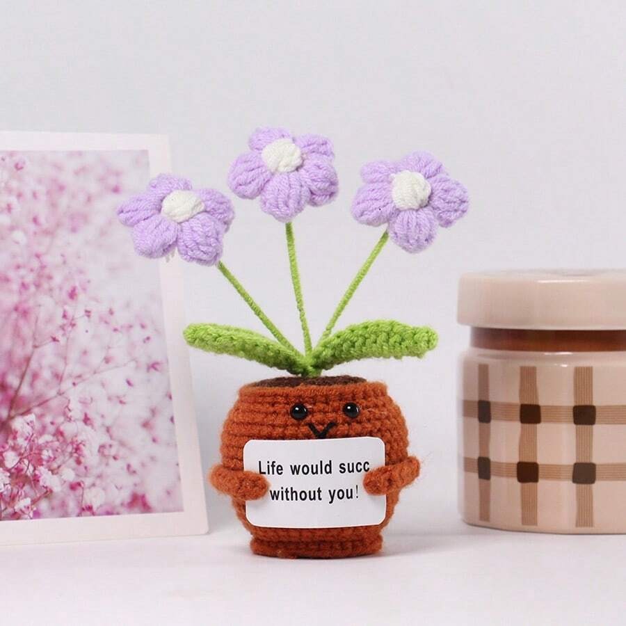 Pianta in vaso ispirante, decorazione floreale lavorata a mano all'uncinetto, pianta in miniatura, nontiscordardime, mughetto, calendula, girasole, biglietto di incoraggiamento caldo fatto a mano