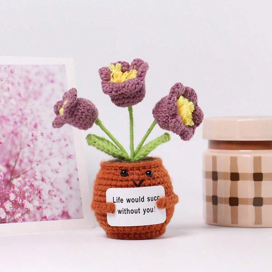 Pianta in vaso ispirante, decorazione floreale lavorata a mano all'uncinetto, pianta in miniatura, nontiscordardime, mughetto, calendula, girasole, biglietto di incoraggiamento caldo fatto a mano