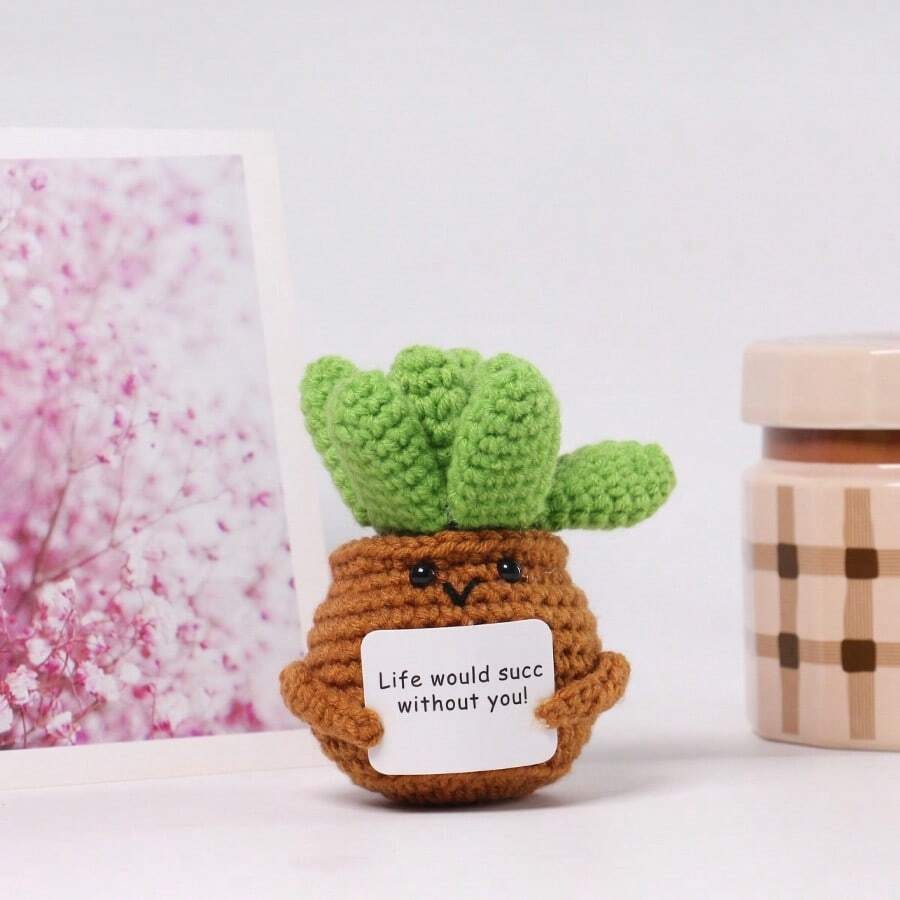 Pianta in vaso ispirante, decorazione floreale lavorata a mano all'uncinetto, pianta in miniatura, nontiscordardime, mughetto, calendula, girasole, biglietto di incoraggiamento caldo fatto a mano