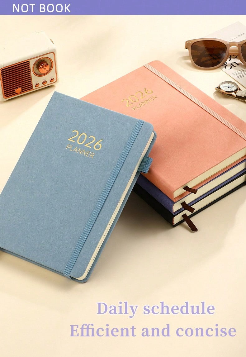 Agenda 2026 formato A5, Pianificatore giornaliero 365 giorni con registrazione della gestione del tempo e note, copertina rigida in pelle PU con elastico