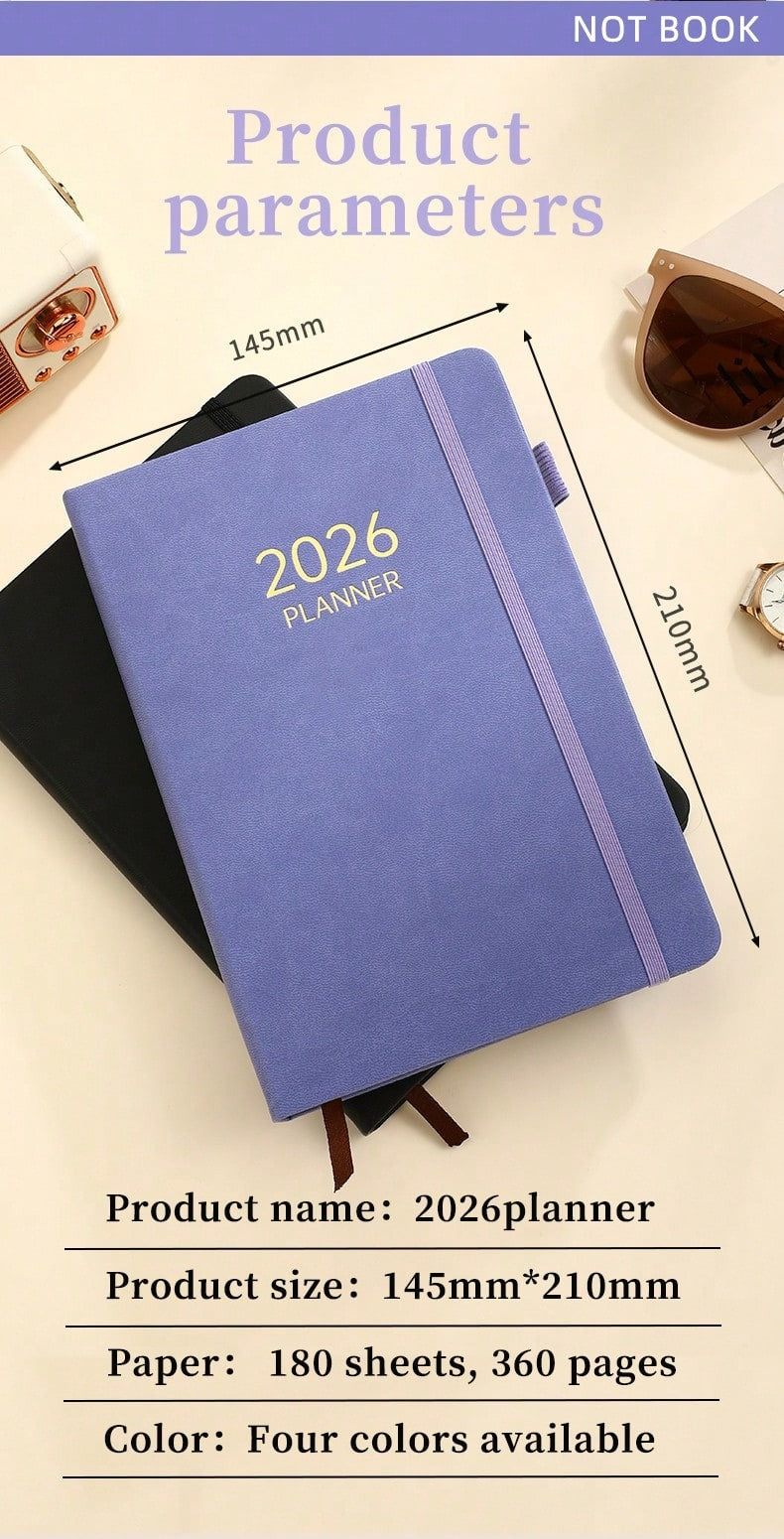 Agenda 2026 formato A5, Pianificatore giornaliero 365 giorni con registrazione della gestione del tempo e note, copertina rigida in pelle PU con elastico