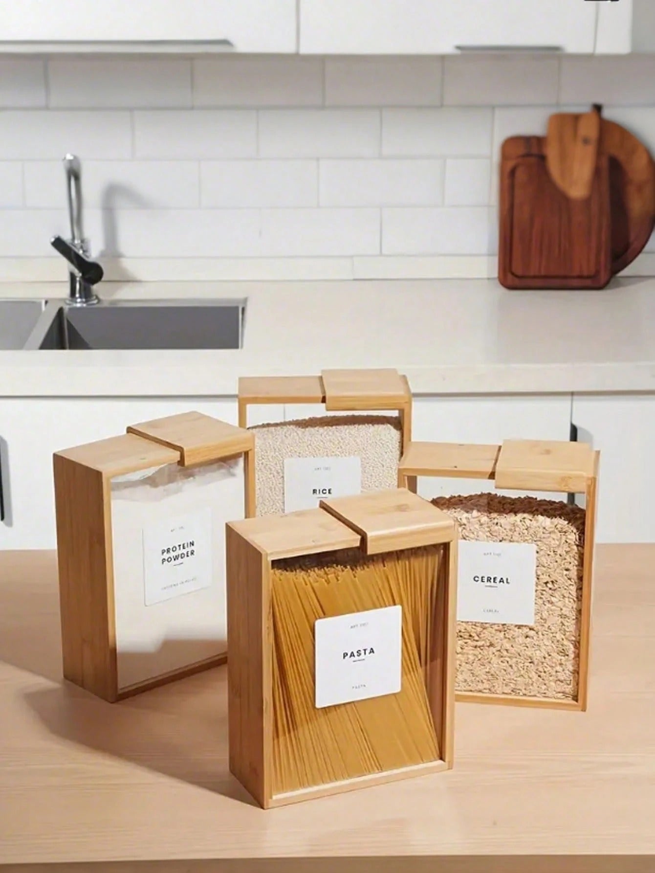 Contenitori per alimenti di alta qualità con coperchi scorrevoli, scatole per alimenti in legno creative - perfette per pasta, cereali ecc.