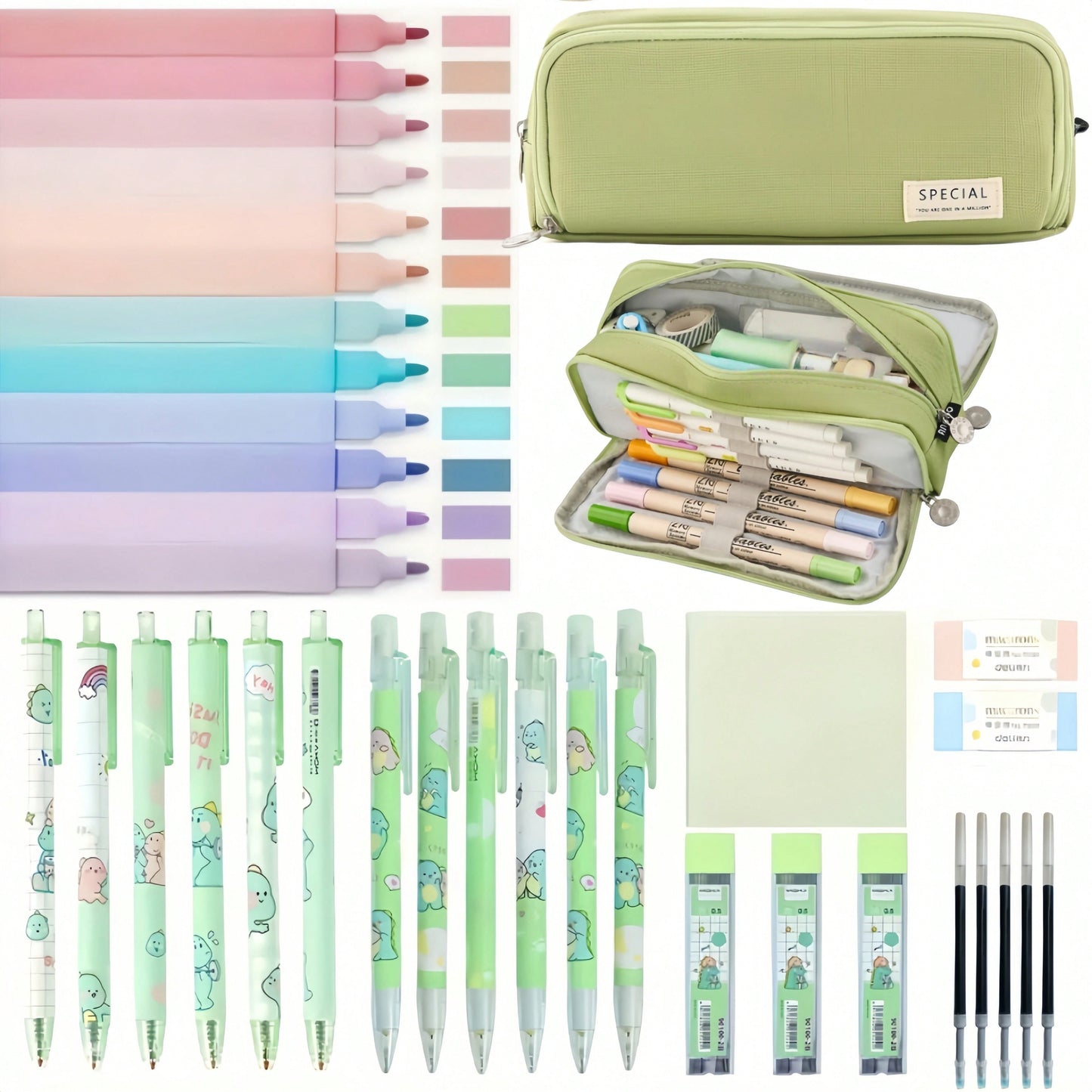 36 pezzi di simpatici articoli per la scuola con astuccio carino, 12 evidenziatori pastello, 6 penne gel inchiostro nero, 6 matite meccaniche kawaii da 0,5 mm, set per studenti, articoli di cartoleria, essenziali per il college, forniture scolastiche