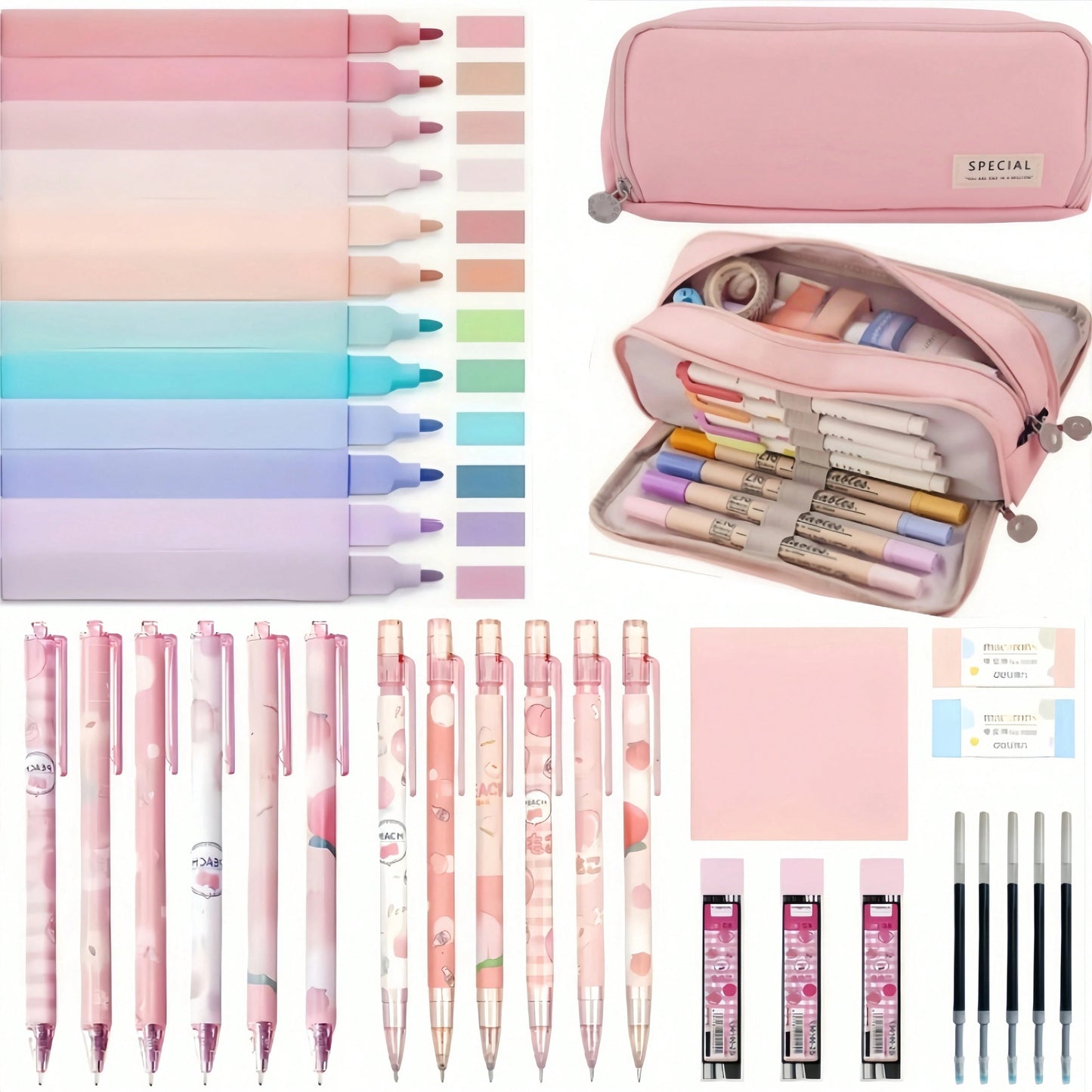 36 pezzi di simpatici articoli per la scuola con astuccio carino, 12 evidenziatori pastello, 6 penne gel inchiostro nero, 6 matite meccaniche kawaii da 0,5 mm, set per studenti, articoli di cartoleria, essenziali per il college, forniture scolastiche