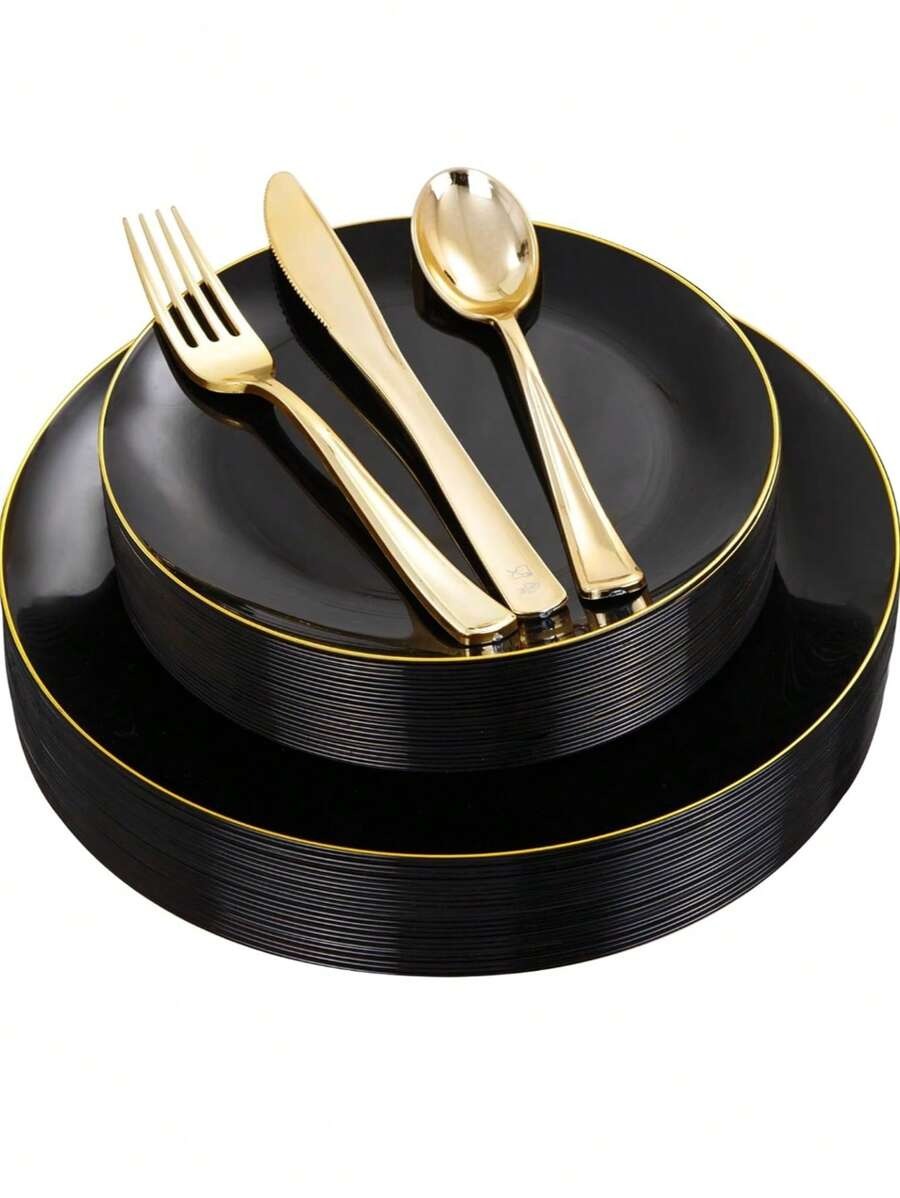 Un set di 25 vassoi da torta e dessert con cerchi in oro nero, inclusi vassoi laterali da 7,5" e 10,25" e vassoi di alta qualità per insalata di frutta, riutilizzabili e facili da pulire.