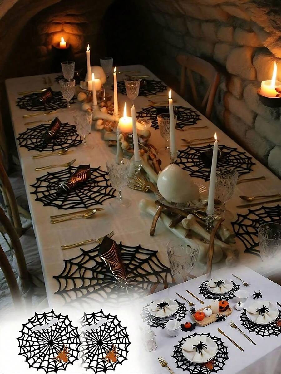 Sottopiatti neri a forma di ragnatela di Ognissanti, sottopiatti rotondi resistenti al calore e antiscivolo lavabili in feltro glitterato con ragno e pipistrello, sottopiatti a forma di ragnatela traforata, decorazioni da tavolo per feste