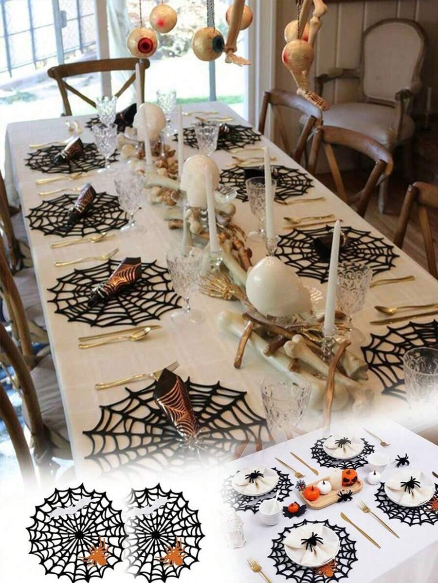 Sottopiatti neri a forma di ragnatela di Ognissanti, sottopiatti rotondi resistenti al calore e antiscivolo lavabili in feltro glitterato con ragno e pipistrello, sottopiatti a forma di ragnatela traforata, decorazioni da tavolo per feste
