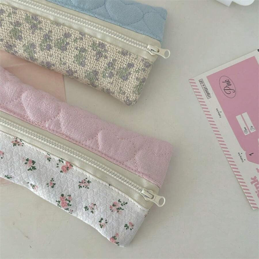 Astuccio per matite con delicati fiori piccoli, borsa portaoggetti carina e portatile in stile coreano (in materiale tessile, adatto per uso quotidiano e scolastico)