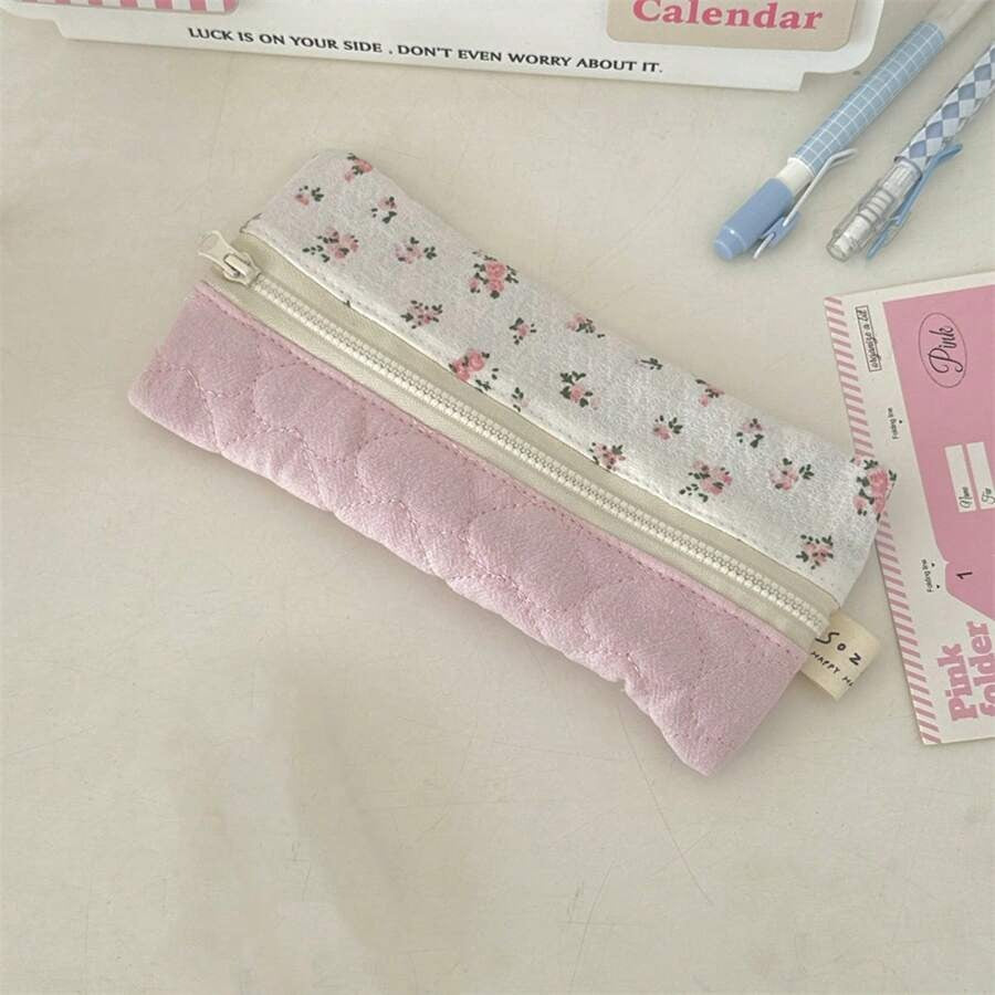 Astuccio per matite con delicati fiori piccoli, borsa portaoggetti carina e portatile in stile coreano (in materiale tessile, adatto per uso quotidiano e scolastico)