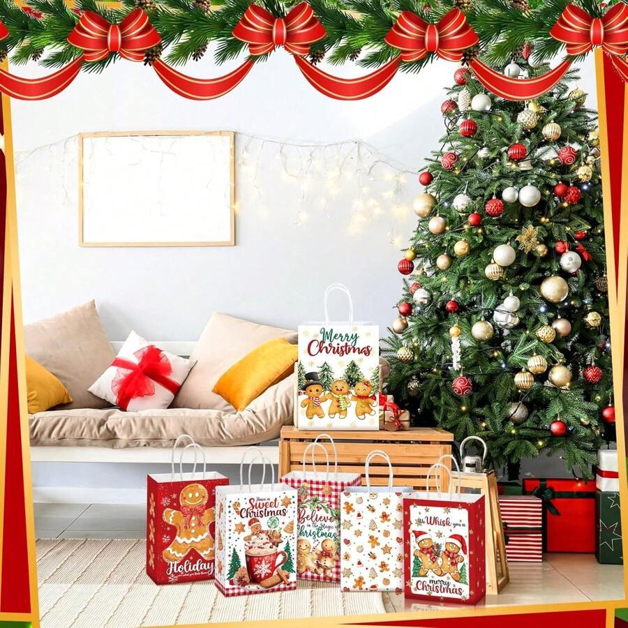 Sacchetti regalo di biscotti di panpepato natalizi - Sacchetti di carta per dolcetti natalizi con manici, per decorazioni per feste di Natale e forniture per vacanze, feste di compleanno, matrimoni, regali di Natale, decorazioni natalizie