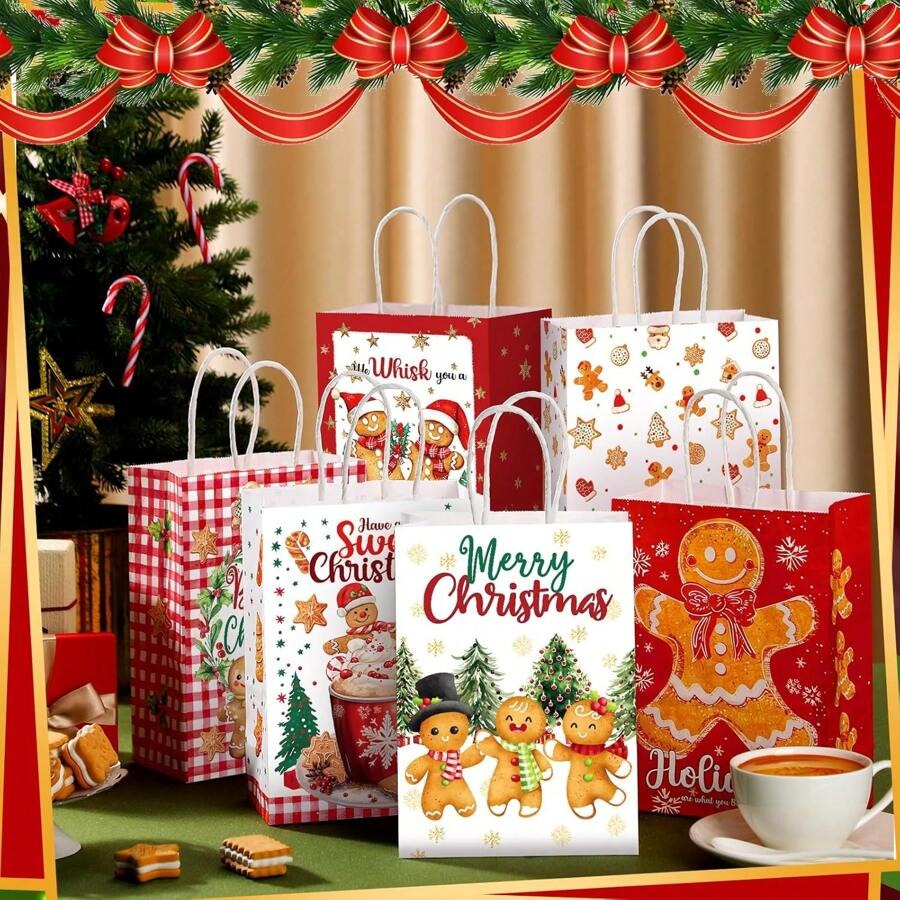 Sacchetti regalo di biscotti di panpepato natalizi - Sacchetti di carta per dolcetti natalizi con manici, per decorazioni per feste di Natale e forniture per vacanze, feste di compleanno, matrimoni, regali di Natale, decorazioni natalizie
