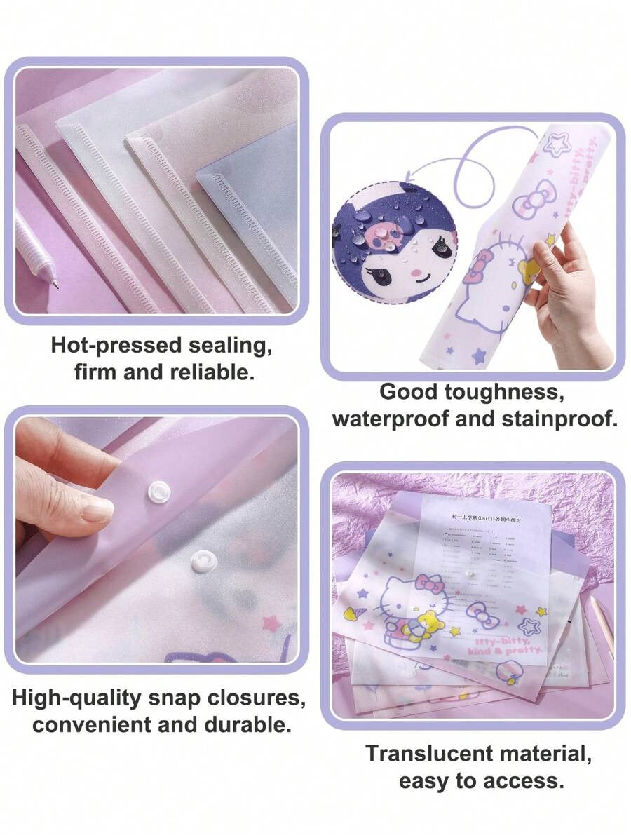 Borse portadocumenti A4 in plastica ABS rinforzata e impermeabile con anelli, con motivi di Hello Kitty, Kuromi, Cinnamoroll, My Melody, adatte per organizzare articoli di cartoleria e documenti