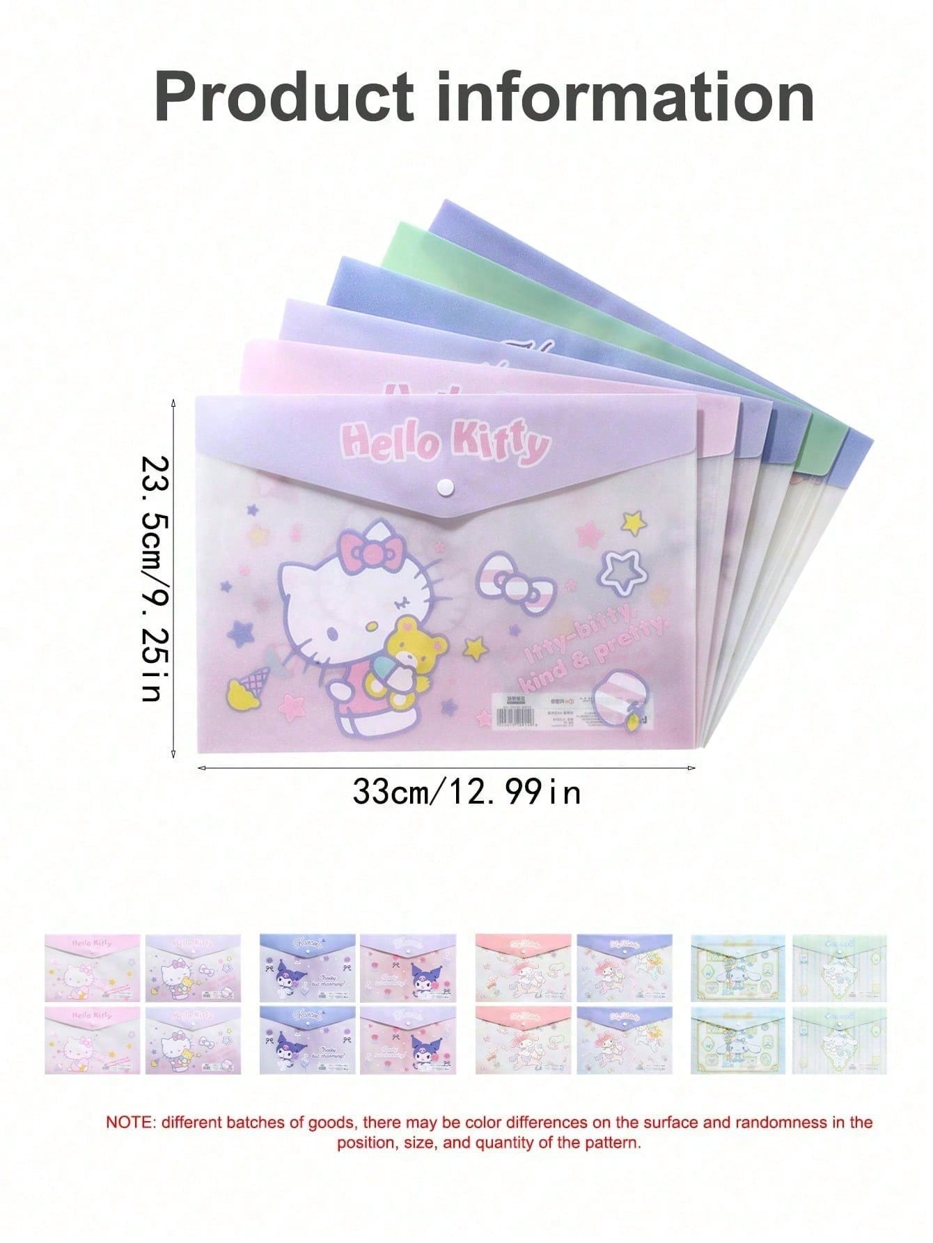 Borse portadocumenti A4 in plastica ABS rinforzata e impermeabile con anelli, con motivi di Hello Kitty, Kuromi, Cinnamoroll, My Melody, adatte per organizzare articoli di cartoleria e documenti