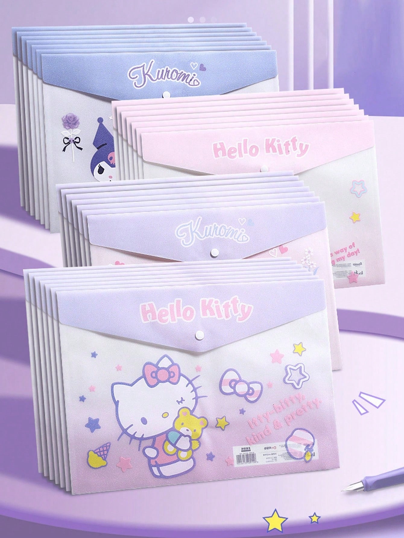 Borse portadocumenti A4 in plastica ABS rinforzata e impermeabile con anelli, con motivi di Hello Kitty, Kuromi, Cinnamoroll, My Melody, adatte per organizzare articoli di cartoleria e documenti