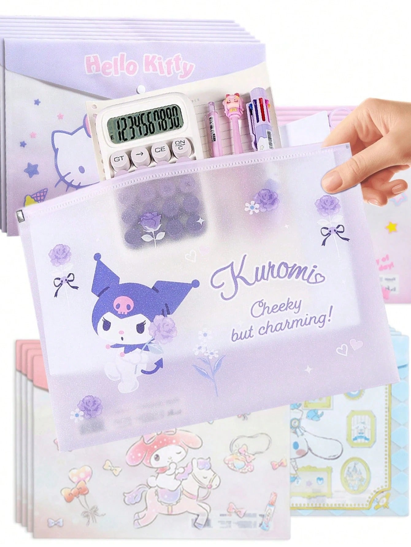 Borse portadocumenti A4 in plastica ABS rinforzata e impermeabile con anelli, con motivi di Hello Kitty, Kuromi, Cinnamoroll, My Melody, adatte per organizzare articoli di cartoleria e documenti