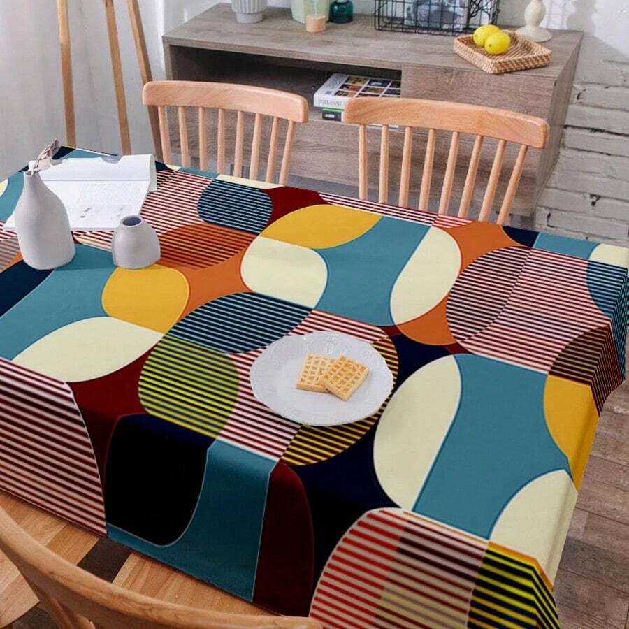 Tovaglia rettangolare in stile nordico con stampa geometrica - blu vibrante, arancione e beige, in poliestere, per sala da pranzo, tavolino da caffè e decorazione per feste, decorazione da tavolo