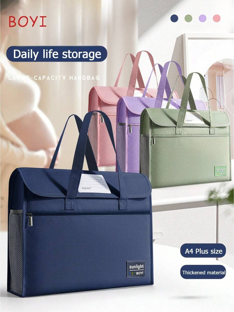 Borsa a mano con chiusura a scatto, borsa a tracolla con patta e chiusura a strappo per studenti, grande capacità multi-strato spessa cartella formato A4, adatta per scuola