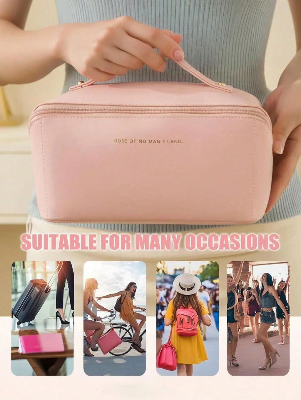 Borsa cosmetica impermeabile in PU, borsa cosmetica da viaggio di grandi dimensioni, borsa porta cosmetici portatile con compartimenti e manici, adatta per cosmetici