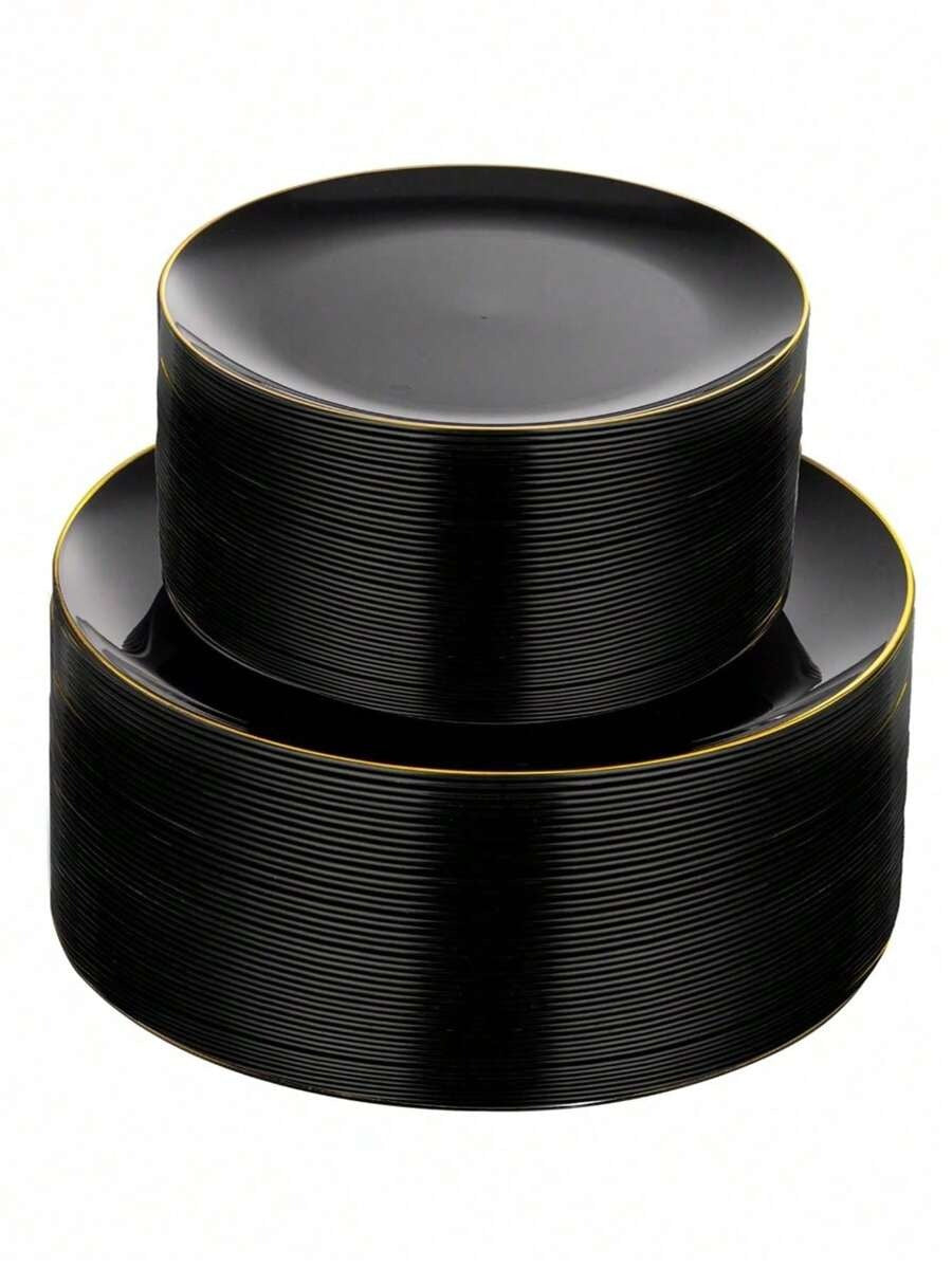 Un set di 25 vassoi da torta e dessert con cerchi in oro nero, inclusi vassoi laterali da 7,5" e 10,25" e vassoi di alta qualità per insalata di frutta, riutilizzabili e facili da pulire.
