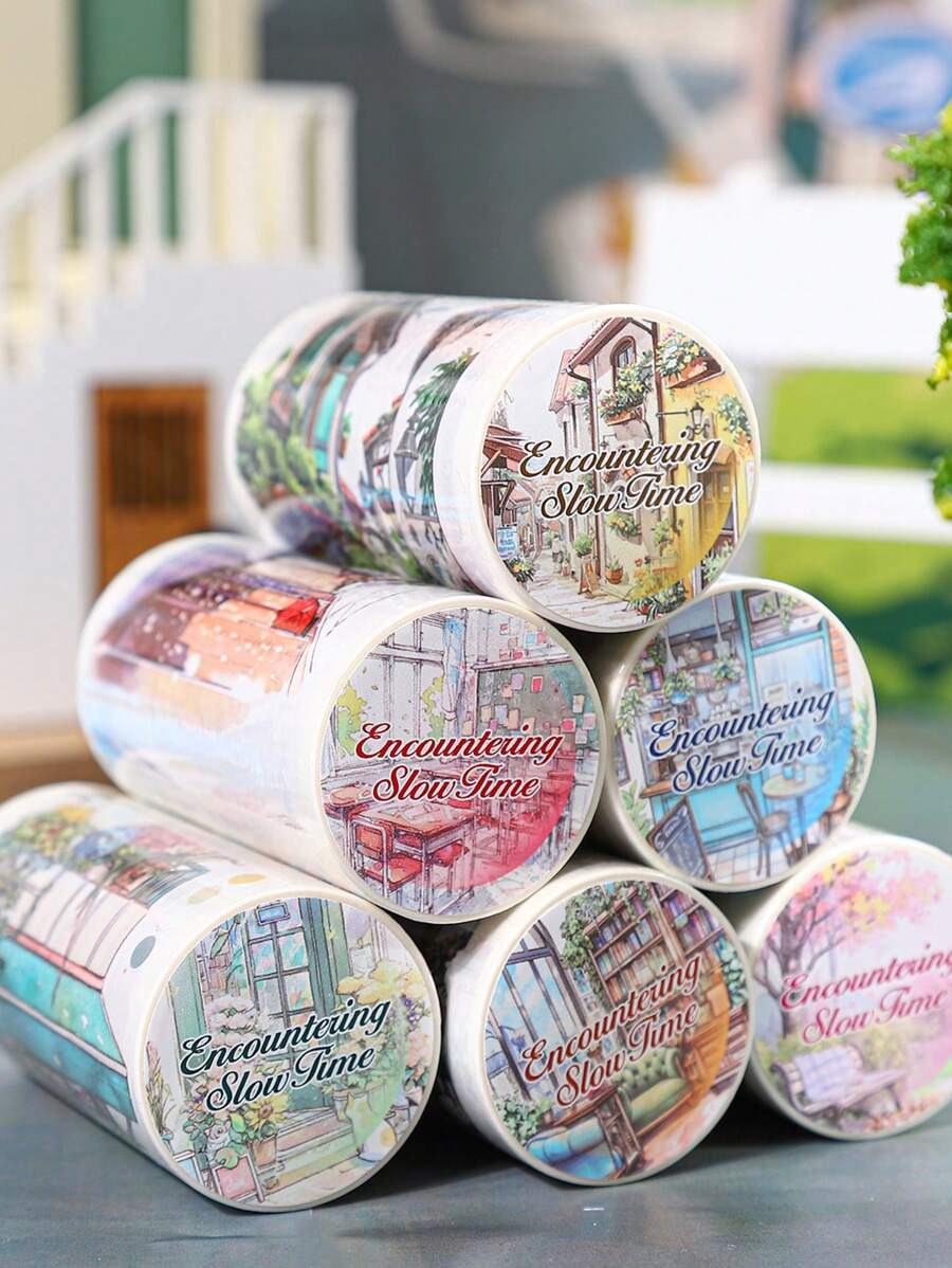Rotolo di nastro di grandi dimensioni, serie "Incontro con il tempo lento", adesivi per scrapbooking a tema paesaggio urbano, adatti per decorare diari di studenti, per forniture scolastiche