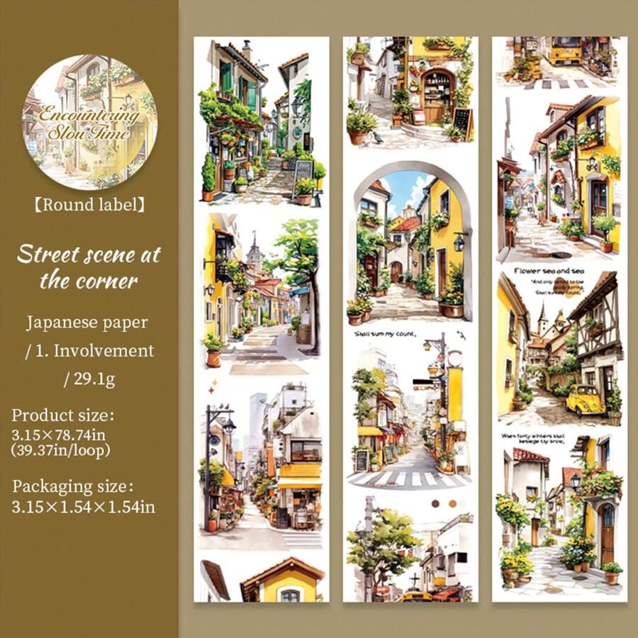 Rotolo di nastro di grandi dimensioni, serie "Incontro con il tempo lento", adesivi per scrapbooking a tema paesaggio urbano, adatti per decorare diari di studenti, per forniture scolastiche